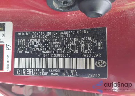 2014 Toyota Camry Se from USA, damaged, VIN 4T1BF1FKXEU806610